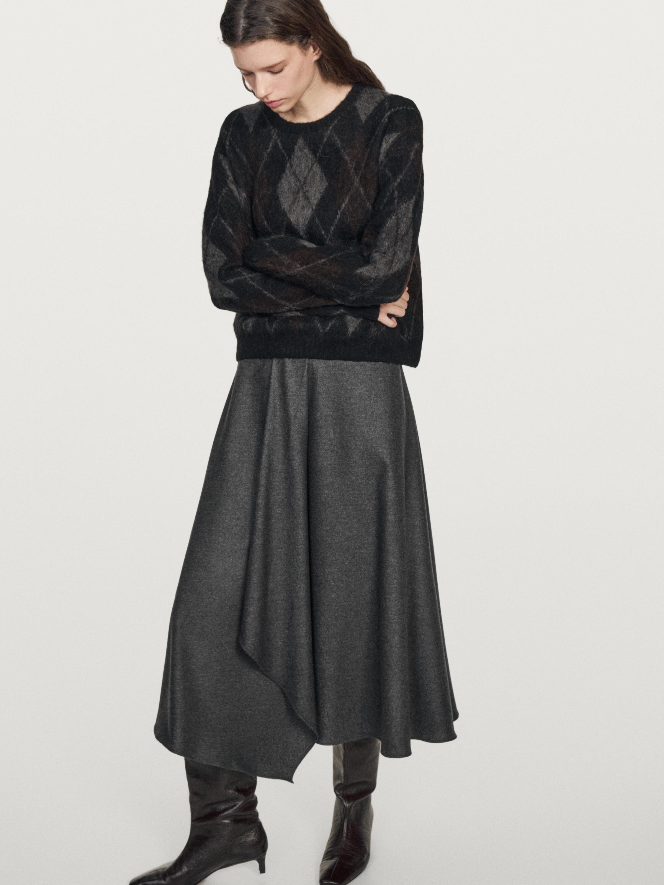 Flared wool blend midi skirt with pleat